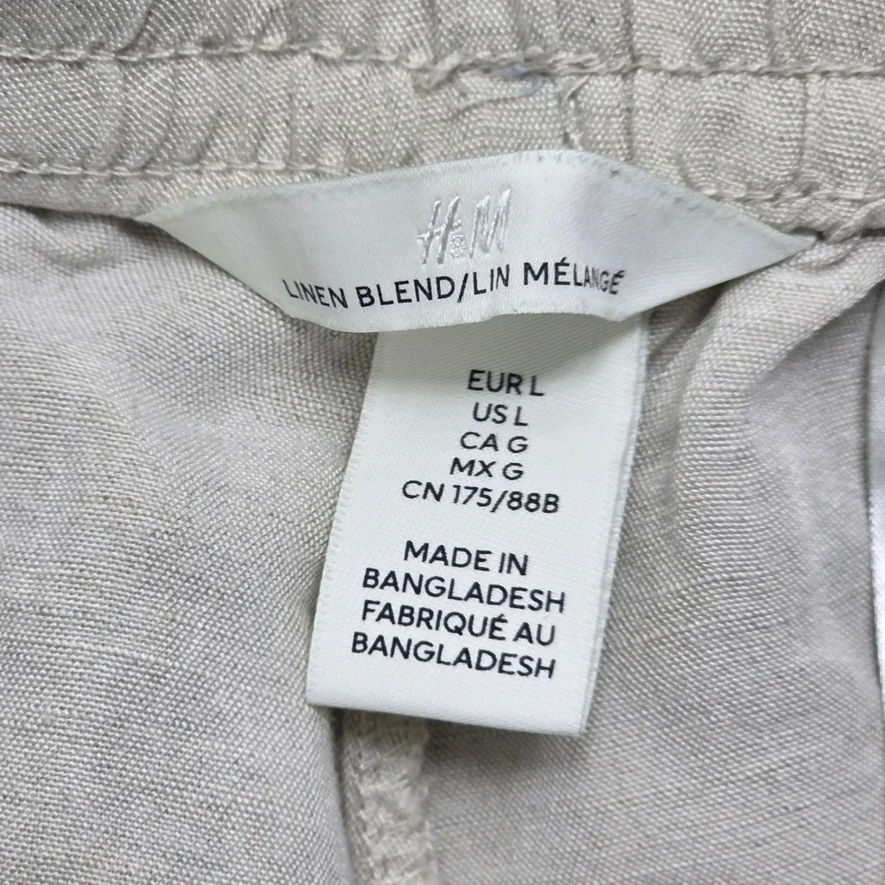HM Linen Blend Wide Leg Drawstring Pants Beige Oatmeal‎ Melange Large Women's